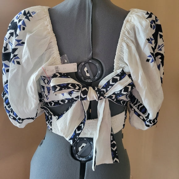 Anthropology Puff-Sleeve Deco Blouse w/ Tie Back and cute button detail Size Lar - Picture 3 of 6